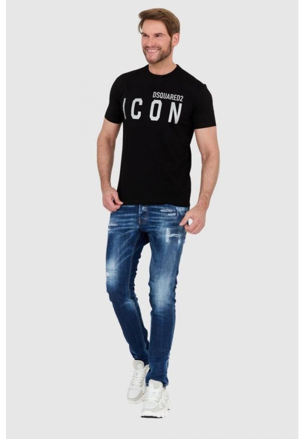 DSQUARED2 Czarny t-shirt męski ze srebrnym błyszczącym logo icon. Kolor: czarny