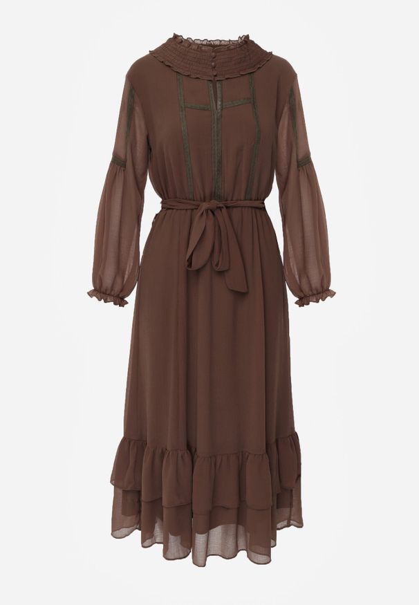 Born2be - Brązowa Rozkloszowana Sukienka Ozdobiona Falbanami Paskiem i Guzikami Nevissia. Okazja: na co dzień. Kolor: brązowy. Materiał: materiał, poliester. Wzór: aplikacja. Styl: casual, klasyczny, elegancki