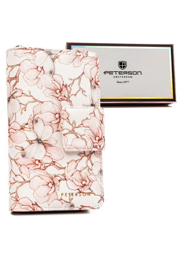 Portfel w kwiaty Peterson PTN 76116-F8 różowy. Kolor: różowy. Materiał: skóra ekologiczna. Wzór: kwiaty
