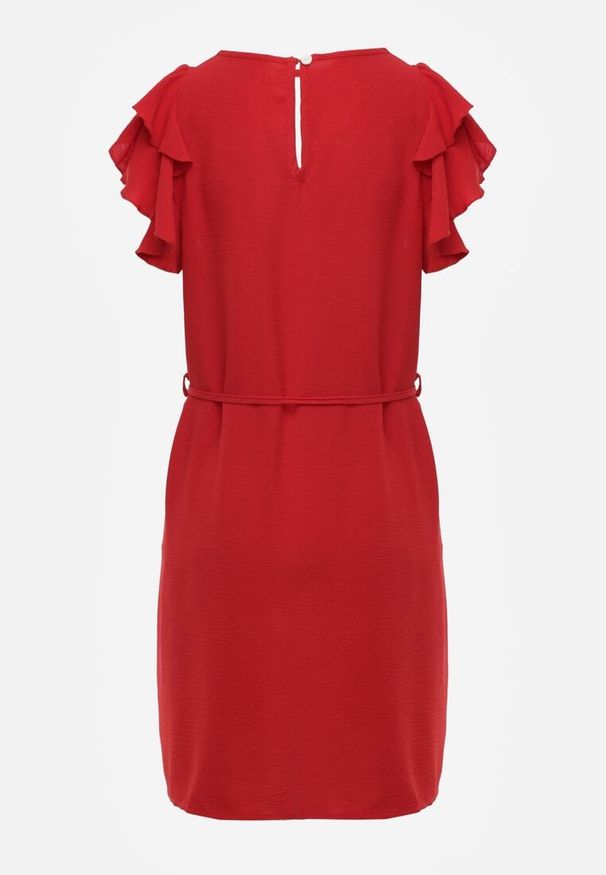 Renee - Czerwona Rozkloszowana Sukienka z Falbankami przy Rękawach Wiązana w Talii Paskiem Rissada. Okazja: na imprezę. Typ kołnierza: kołnierz z falbankami. Kolor: czerwony. Typ sukienki: rozkloszowane