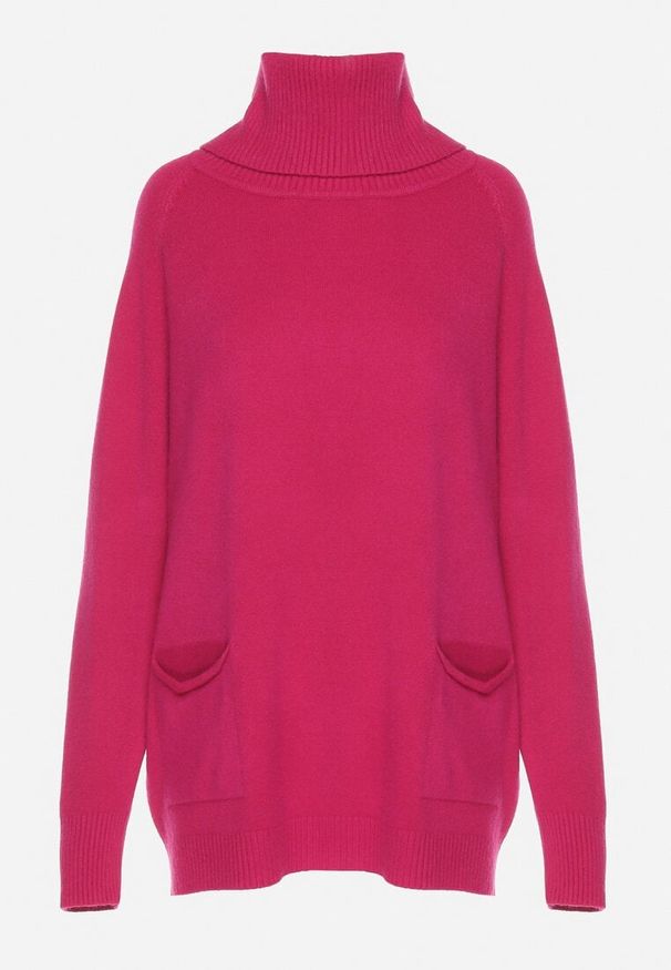 Born2be - Fuksjowy Golf z Wiskozą Zdobiony Wsuwanymi Kieszonkami Viaela. Okazja: na co dzień. Typ kołnierza: golf. Kolekcja: plus size. Kolor: różowy. Długość: długie. Wzór: aplikacja. Materiał: wiskoza. Długość rękawa: długi rękaw. Styl: elegancki, casual