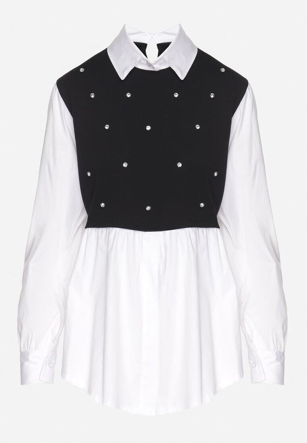 Born2be - Czarna Rozkloszowana Bluzka Koszulowa z Wiskozą z Wszytą Kamizelką z Cyrkoniami Uliaviela. Okazja: na co dzień. Typ kołnierza: kołnierzyk klasyczny. Kolor: czarny. Materiał: wiskoza. Długość rękawa: długi rękaw. Długość: długie. Wzór: aplikacja. Styl: klasyczny, casual, elegancki