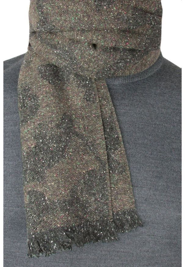 Wełniany Szalik Męski z Jedwabiem - V. Fraas - Moro, Melanż - Akcenty Beżu i Zieleni. Kolor: zielony, beżowy, wielokolorowy. Materiał: wełna, jedwab. Wzór: melanż, moro. Sezon: zima, lato. Styl: elegancki, klasyczny