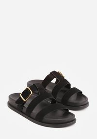 Renee - Czarne Klapki Ozdobione Geometrycznymi Paskami i Metaliczną Klamrą Hossei. Okazja: na co dzień. Kolor: czarny. Materiał: jeans. Wzór: geometria, aplikacja. Styl: casual, elegancki #3