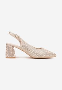 Renee - Beżowe Sandały na Słupku Slingback Ozdobione Cyrkoniami Melanetta. Okazja: na co dzień, na imprezę, do pracy, na spotkanie biznesowe. Zapięcie: sprzączka. Kolor: beżowy. Wzór: aplikacja. Obcas: na słupku. Styl: biznesowy, klasyczny, casual. Wysokość obcasa: średni #6