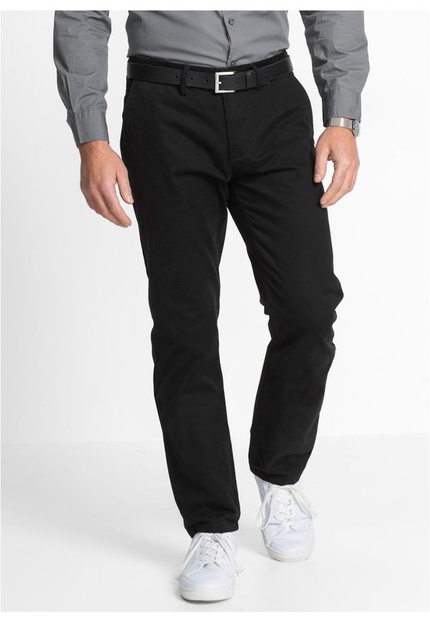 bonprix - Spodnie chino Regular Fit Straight, z czystej bawełny. Kolor: czarny. Materiał: bawełna. Wzór: gładki. Styl: klasyczny