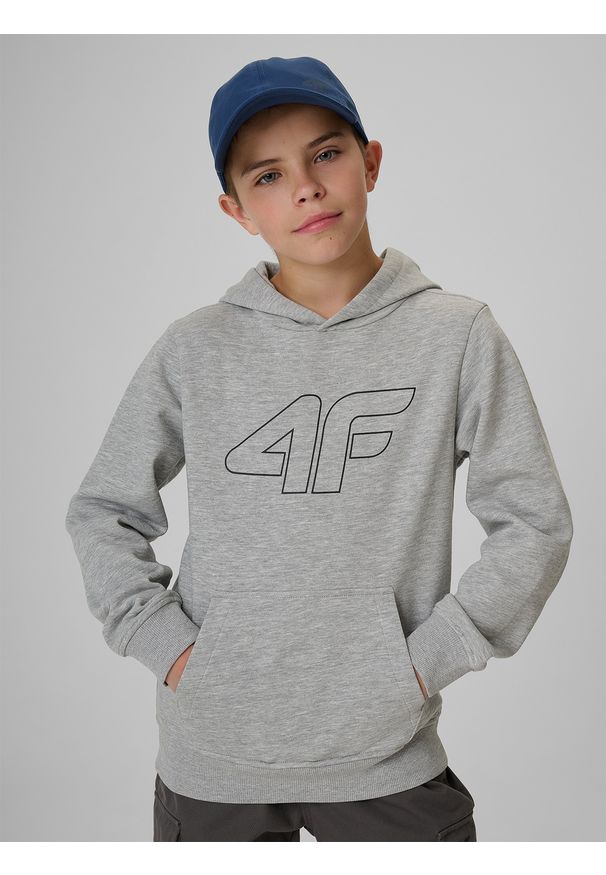 4f - 4F Bluza dresowa regular z kapturem chłopięca - szara 134 (8-9 lat). Okazja: na uczelnię, na co dzień, na spacer. Typ kołnierza: kaptur. Kolor: szary. Materiał: dresówka. Sezon: lato. Styl: casual