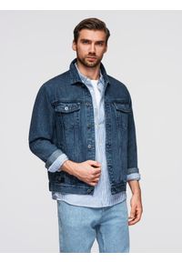 Ombre Clothing - Jeansowa kurtka męska katana z washem – niebieska V4 - Rozmiar: L. Okazja: na co dzień. Kolor: niebieski. Materiał: jeans. Styl: casual