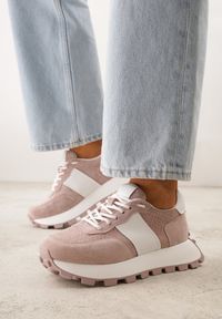 Renee - Różowe Zamszowe Sneakersy na Podeszwie Chunky z Perforowaną Cholewką Cezarlina. Okazja: na co dzień. Kolor: różowy. Materiał: zamsz. Szerokość cholewki: normalna #6