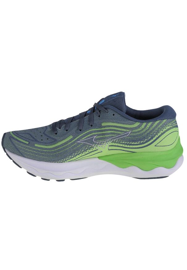 Buty do biegania męskie Mizuno Wave Skyrise 4. Zapięcie: sznurówki. Kolor: wielokolorowy, zielony, niebieski, szary. Materiał: guma, materiał, syntetyk, tkanina. Szerokość cholewki: normalna. Model: Mizuno Wave