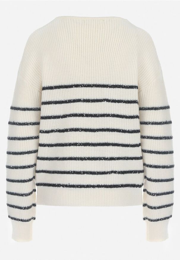 Born2be - Beżowo-Czarny Pasiasty Sweter z Dekoltem w Serek Zdobiony Cekinami Tegiop. Typ kołnierza: dekolt w serek. Kolor: beżowy. Wzór: aplikacja