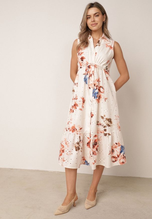 Born2be - Pomarańczowa Bawełniana Sukienka Koszulowa Bez Rękawów z Haftem i Wiązaniem Mesoya. Okazja: na co dzień, na spacer. Kolor: pomarańczowy. Materiał: bawełna. Długość rękawa: bez rękawów. Wzór: haft. Typ sukienki: koszulowe. Styl: casual