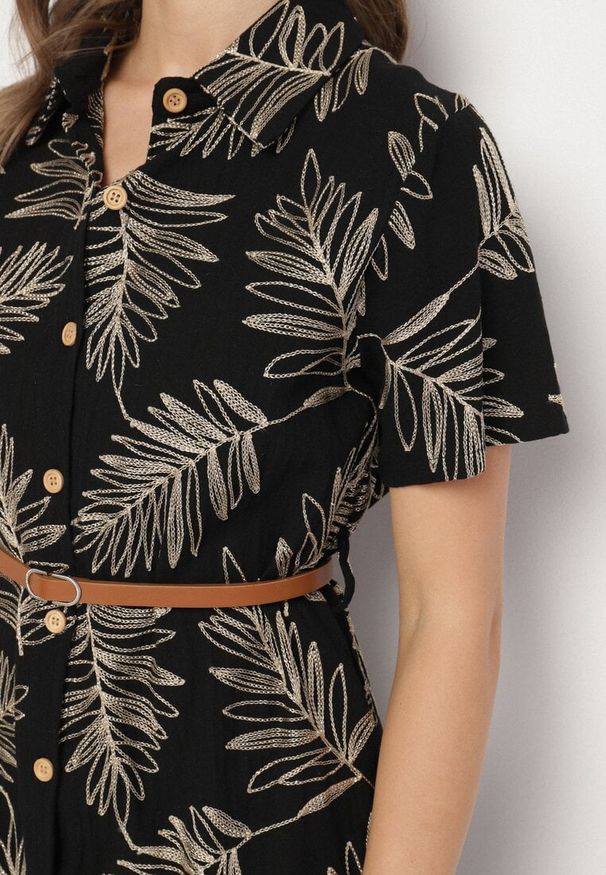 Born2be - Czarna Koszulowa Sukienka z Bawełny w Liście z Paskiem Eveledia. Okazja: na co dzień. Kolor: czarny. Materiał: bawełna. Długość rękawa: krótki rękaw. Sezon: lato. Typ sukienki: koszulowe. Styl: elegancki, casual