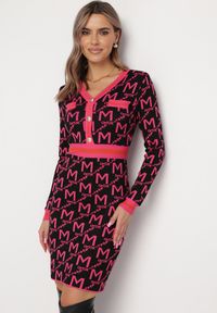 Born2be - Fuksjowo-Czarna Sweterkowa Sukienka Mini Paixdas. Kolor: różowy. Materiał: tkanina, dzianina. Długość rękawa: długi rękaw. Długość: mini