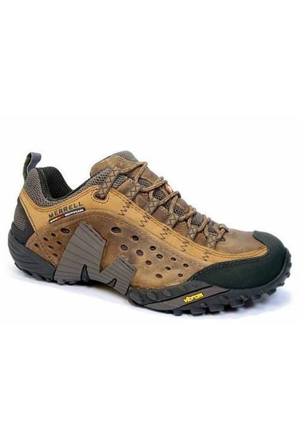 Buty trekkingowe męskie Merrell Intercept brązowe. Zapięcie: sznurówki. Kolor: brązowy. Materiał: syntetyk, materiał, skóra. Szerokość cholewki: normalna