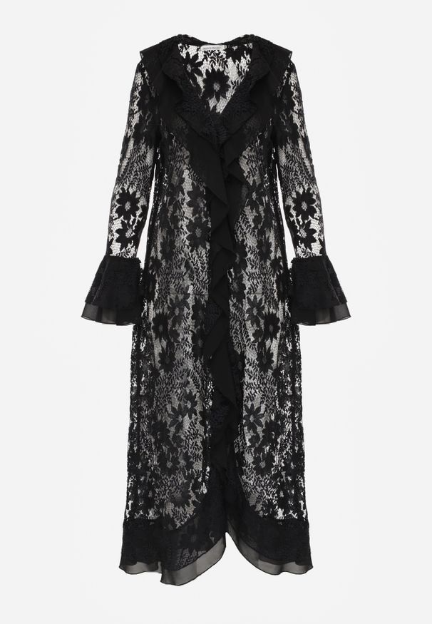 Renee - Czarna Narzutka Sukienka Plażowa Boho z Koronki Ozdobiona Guzikami i Falbanami Palmeda. Okazja: na plażę. Kolor: czarny. Materiał: koronka. Wzór: aplikacja, koronka. Sezon: lato. Typ sukienki: proste. Styl: boho