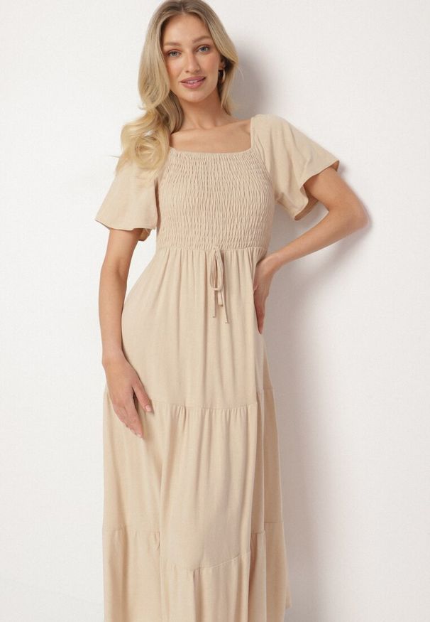 Born2be - Beżowa Sukienka z Wiskozą Lnem i Elastyczną Górą Ellisena. Okazja: na spacer, na co dzień. Kolor: beżowy. Materiał: len, wiskoza. Typ sukienki: proste. Styl: klasyczny, casual, elegancki