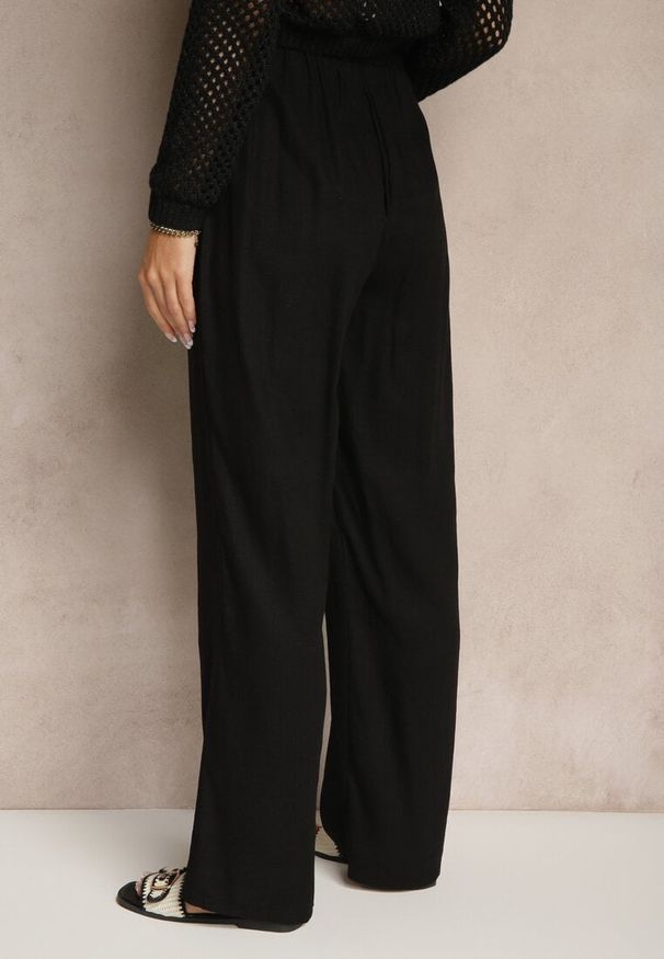 Renee - Czarne Klasyczne Spodnie High Waist z Lnu i Bawełny Wiązane w Talii Linelira. Okazja: na co dzień. Stan: podwyższony. Kolor: czarny. Materiał: len, bawełna. Styl: klasyczny
