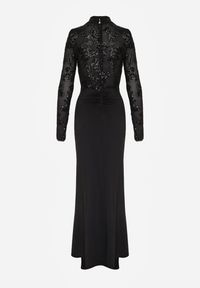 Born2be - Czarna Cekinowa Sukienka Wieczorowa z Półgolfem i Trenem Eylnore. Okazja: na imprezę. Kolor: czarny. Wzór: aplikacja. Styl: wizytowy #7