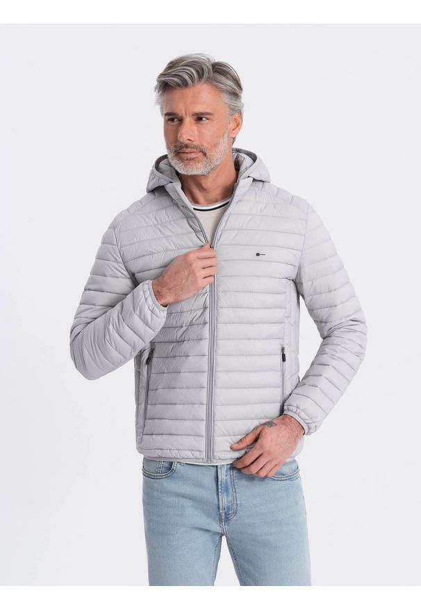 Ombre Clothing - Kurtka męska pikowana pakowana w worek - szara V2. Typ kołnierza: kołnierzyk stójkowy. Kolor: szary. Materiał: poliester, nylon, materiał