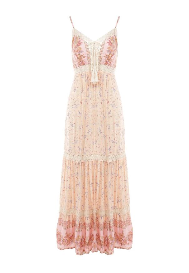 Born2be - Różowa Sukienka Bakrey. Kolor: różowy. Materiał: tkanina, wiskoza, koronka. Długość rękawa: na ramiączkach. Wzór: nadruk, aplikacja, kwiaty. Sezon: lato. Długość: maxi