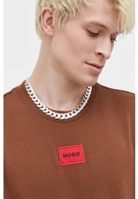 Hugo - HUGO bluza bawełniana męska kolor brązowy z aplikacją. Kolor: brązowy. Materiał: bawełna. Wzór: aplikacja #6