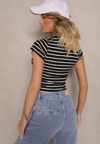 Renee - Czarno-Biały Bawełniany T-shirt w Paski Ozdobiony Napisem na Naszywce z Jeansu Eviola. Kolor: czarny. Materiał: bawełna, jeans. Wzór: napisy, aplikacja, paski. Styl: klasyczny #4