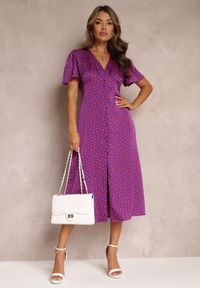Renee - Fioletowa Taliowana Sukienka Midi z Gumką w Talii w Kropki Glennta. Kolor: fioletowy. Materiał: tkanina. Wzór: kropki. Długość: midi #1