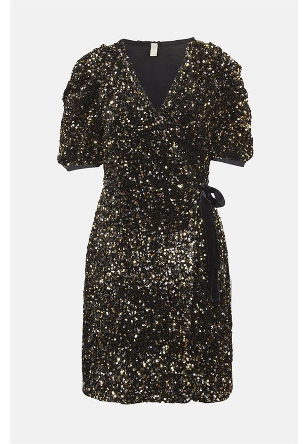 Y.A.S - Krótka sukienka z cekinów Sequella. Kolor: złoty, czarny, wielokolorowy. Materiał: tkanina. Typ sukienki: kopertowe. Styl: elegancki, wizytowy. Długość: mini