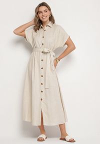 Born2be - Beżowa Koszulowa Sukienka z Lnem Wiskozą i Paskiem Lenaviel. Okazja: na co dzień. Kolor: beżowy. Materiał: len, wiskoza. Typ sukienki: koszulowe. Styl: casual, klasyczny #1
