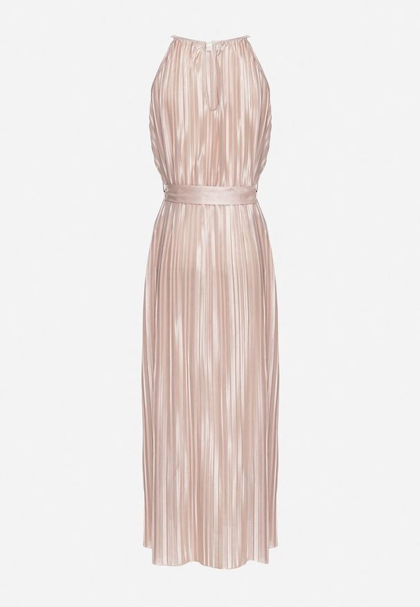 Born2be - Beżowa Plisowana Sukienka na Cienkich Ramiączkach Wiązana w Talii Virsea. Okazja: na studniówkę, na co dzień, na ślub cywilny, na wesele. Kolor: beżowy. Materiał: jeans. Długość rękawa: na ramiączkach. Styl: casual, klasyczny