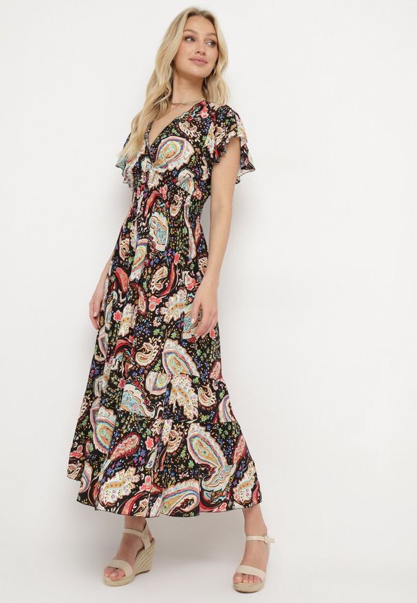 Born2be - Czarna Bawełniana Sukienka Boho z Gumką w Talii i Wzorem Paisley Sirrelia. Kolor: czarny. Materiał: bawełna. Wzór: paisley. Styl: boho