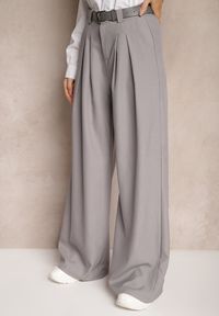 Renee - Szare Spodnie Palazzo High Waist z Szerokimi Nogawkami i Paskiem z Metalową Klamrą Oinna. Okazja: do pracy, na co dzień. Stan: podwyższony. Kolor: szary. Styl: klasyczny, casual, elegancki
