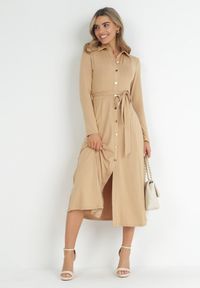 Born2be - Beżowa Sukienka Maxi o Koszulowym Fasonie z Wiązaniem mZynlee. Okazja: na co dzień. Kolor: beżowy. Materiał: wiskoza, dzianina. Typ sukienki: koszulowe. Styl: casual, elegancki, klasyczny. Długość: maxi #3