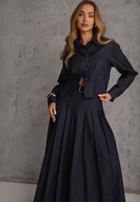 Renee - Granatowy Komplet z Bawełniano-Wiskozowej Imitacji Jeansu z Koszulą i Spódnicą z Paskiem Andaig. Kolor: niebieski. Materiał: wiskoza, jeans, bawełna #1