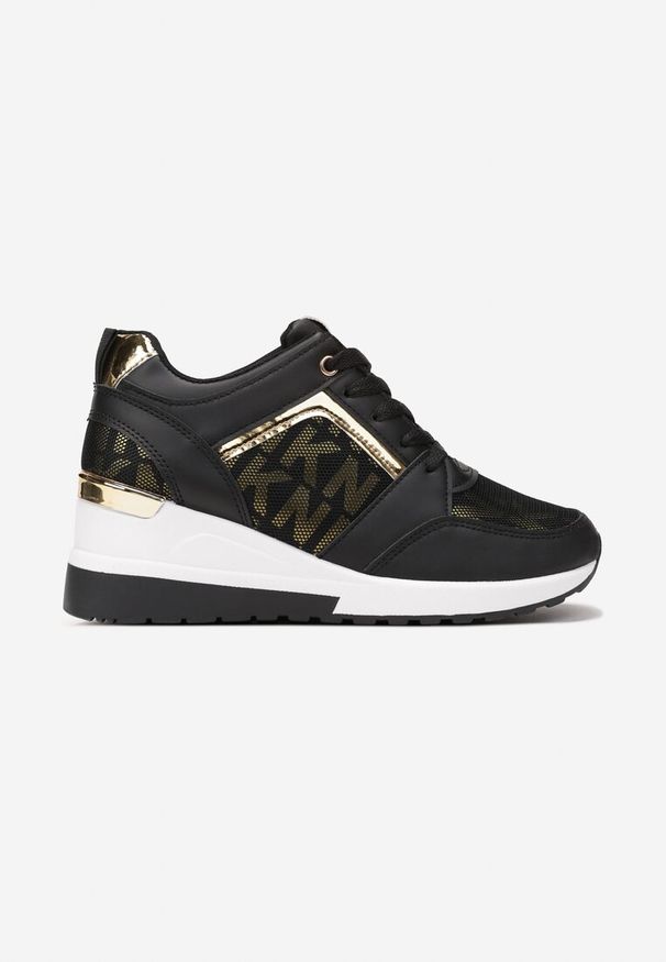 Renee - Czarno-Białe Sneakersy Moniera. Okazja: na co dzień. Nosek buta: okrągły. Zapięcie: sznurówki. Kolor: czarny. Materiał: jeans, bawełna. Wzór: geometria. Obcas: na koturnie. Wysokość obcasa: niski