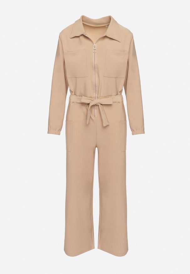 Born2be - Jasnobeżowy Kombinezon z Gumką i Wiązaniem w Talii z Szerokimi Nogawkami Creza. Okazja: na co dzień. Kolor: beżowy. Materiał: tkanina. Styl: casual