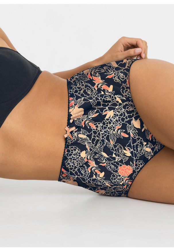bonprix - Figi z wysoką talią (4 pary). Kolor: czarny. Wzór: kwiaty, nadruk, gładki