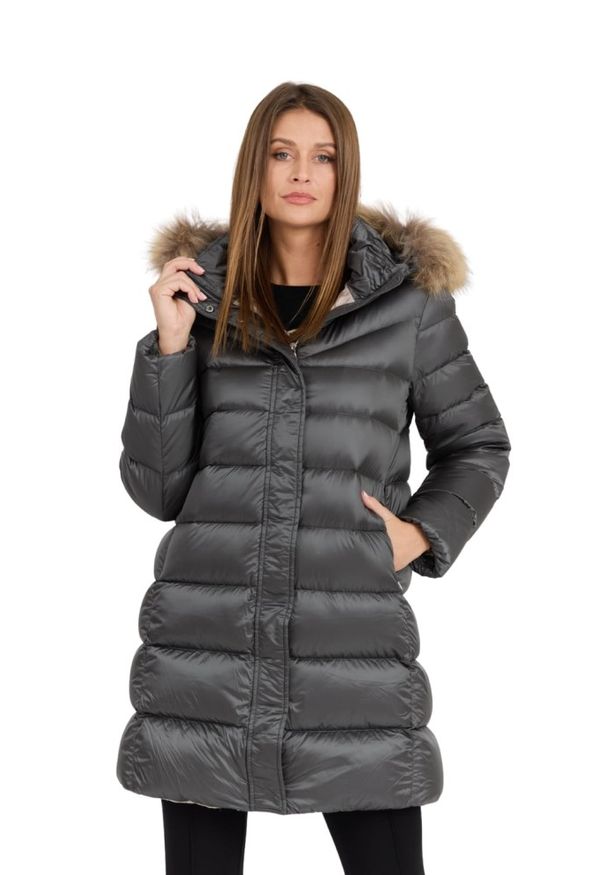 Hetrego - HETREGO Szara damska kurtka puchowa Leonie Quilted Woman Jacket With Detached Hood, Rozmiar 36 EU - 40 IT. Okazja: na co dzień. Kolor: szary. Materiał: puch. Długość rękawa: długi rękaw. Długość: długie. Styl: casual