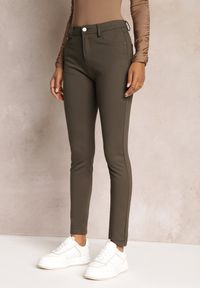 Renee - Ciemnozielone Skinny Spodnie z Kieszeniami i Zapięciem na Guzik oraz Suwak Mendieva. Kolor: zielony. Materiał: bawełna, elastan. Wzór: jednolity #5