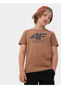 4f - T-shirt z nadrukiem chłopięcy - brązowy. Kolor: brązowy. Materiał: bawełna. Wzór: nadruk #1