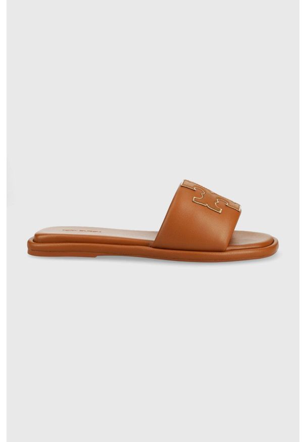 Tory Burch klapki skórzane damskie kolor brązowy. Kolor: brązowy. Materiał: skóra. Obcas: na obcasie. Wysokość obcasa: niski