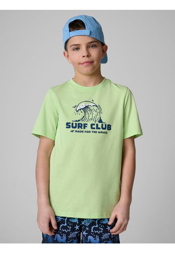 4f - 4F T-shirt regular z nadrukiem chłopięcy - zielony 164 (13-14 lat). Okazja: na co dzień. Kolor: zielony. Materiał: bawełna, dzianina. Wzór: nadruk. Sezon: lato. Styl: casual
