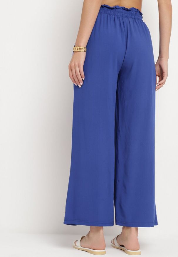 Born2be - Granatowe Szerokie Bawełniane Spodnie Palazzo z Wysokim Stanem i Elastyczną Gumką w Pasie Nelonia. Okazja: na co dzień. Stan: podwyższony. Kolor: niebieski. Materiał: bawełna. Styl: casual, elegancki, wizytowy