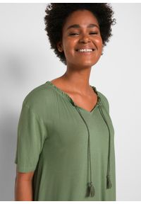 bonprix - Bluzka tunikowa z mieszanki z wiskozą. Typ kołnierza: kokarda. Kolor: zielony. Materiał: jersey, wiskoza