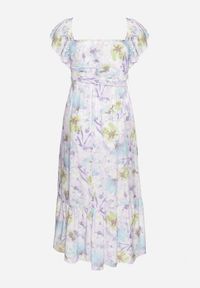 Born2be - Jasnofioletowa Wiskozowa Sukienka w Kwiaty na Ramiączkach z Falbanką i Materiałowym Paskiem Moemia. Okazja: na wesele, na co dzień, na ślub cywilny, na imprezę. Typ kołnierza: kołnierz z falbankami, dekolt kwadratowy. Kolor: fioletowy. Materiał: wiskoza, materiał. Długość rękawa: na ramiączkach. Wzór: kwiaty. Styl: casual, elegancki #2