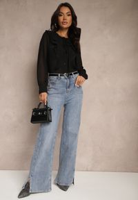 Renee - Czarna Koszula z Ozdobnymi Falbanami Landiva. Okazja: na co dzień. Kolor: czarny. Materiał: jeans. Styl: casual, elegancki