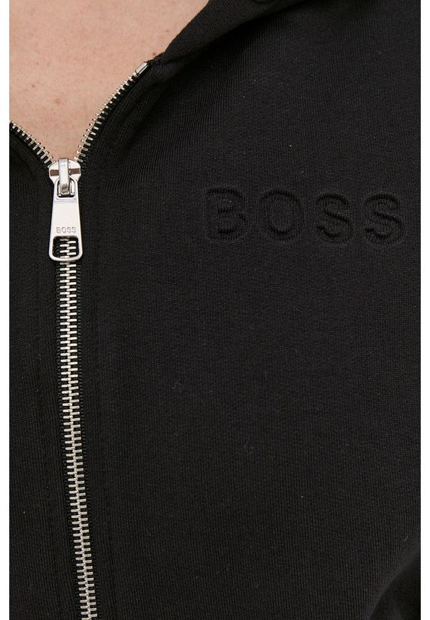 BOSS - Boss Bluza damska kolor czarny z kapturem gładka. Typ kołnierza: kaptur. Kolor: czarny. Materiał: włókno. Wzór: gładki