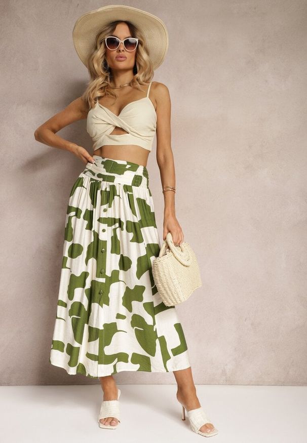 Renee - Zielono-Beżowa Rozkloszowana Spódnica High Waist z Gumką w Talii i Guzikami Tinasshi. Stan: podwyższony. Kolor: zielony. Materiał: tkanina. Sezon: lato