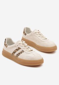 Renee - Beżowe Zamszowe Sneakersy w Stylu Kultowych Tenisówek ze Skórzaną Wkładką i Wzorem w Panterkę Tenannia. Okazja: na co dzień. Kolor: beżowy. Materiał: zamsz, skóra. Wzór: motyw zwierzęcy #5
